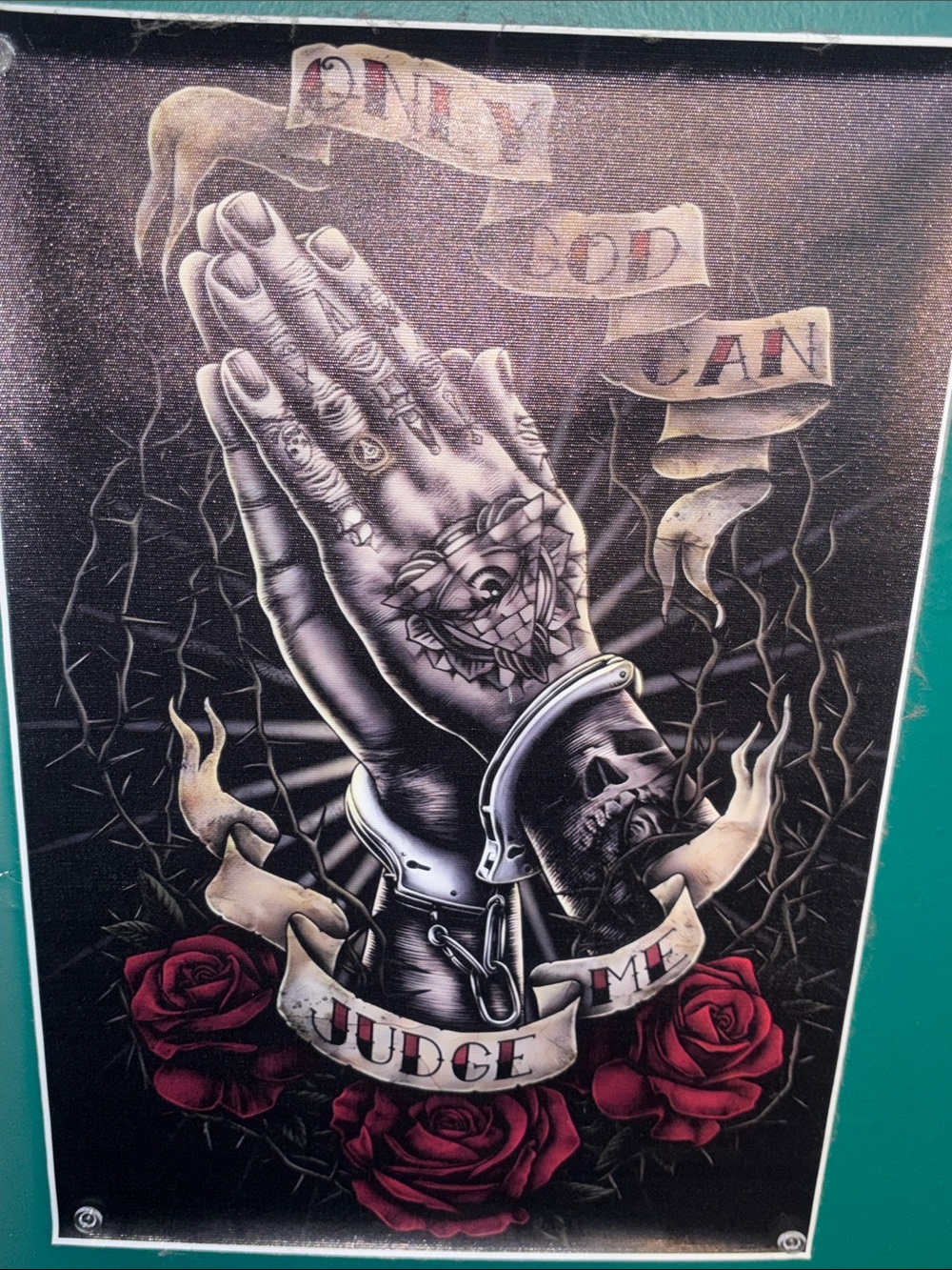 Source Unknown Praying Hands Poster in Black and Red with Cream Accents